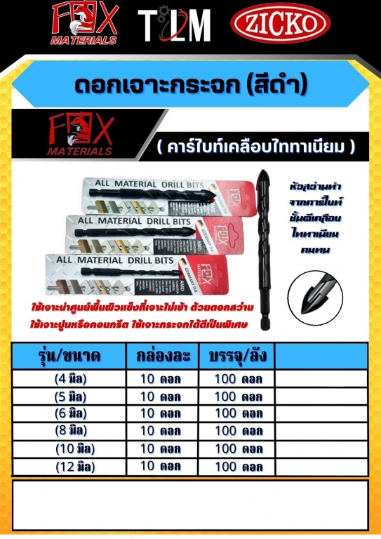 ดอกเจาะกระจก สีดำราคาขายต่อ 10ดอก ดอกเจาะกระจก สีดำราคาขายต่อ 10ดอก