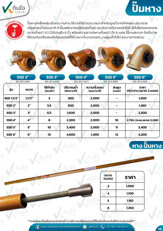 ปั๊มหางขนาด 1.1/2 นิ้ว ถึง 6 นิ้ว ท่อหางยาว 2 เมตรขนาดมาตรฐาน ใช้งานสะดวก ติดตั้งง่าย